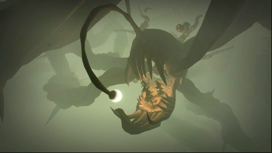 Best space games: A forest in a rock formation that looks like an angler fish in The Outer Wilds.