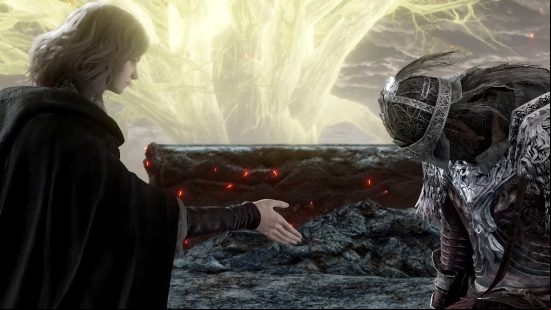 Best Elden Ring Mods: the maiden offering her hand to an exhausted soldier.