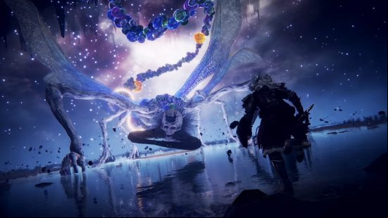 Best Elden Ring Mods: a knight taking on a large boss in a space environment