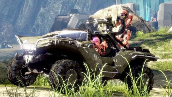 Halo Forge: a group of heavily armored soldiers riding atop a military vehicle.