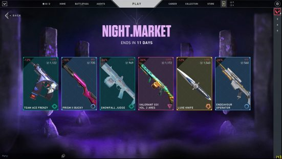 A selection of six random weapon skins from a Valorant night market