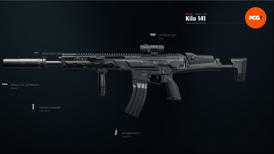 Best Warzone Kilo 141 loadout: a black assault rifle with listed attachments on a black screen.