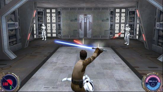 Best Star Wars games on PC: a man with a laser sword deflects their enemies attack