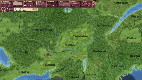 Best strategy games: A depiction of the Canadian map in Victoria 2, with a British redcoat posted as guard sentry in Ottowa