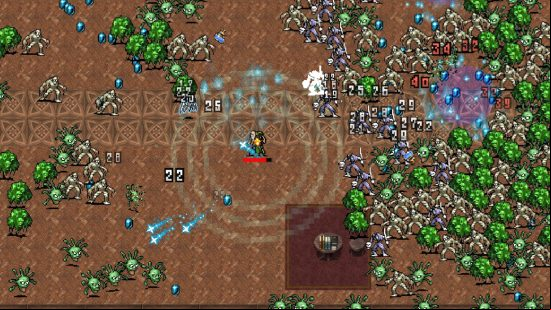 Best Vampire Survivors builds - an old man is attacking a horde of enemies with magic spells, while several circles are protecting him from the enemies behind him.