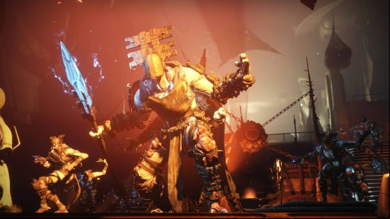 Destiny 2 reset times: a giant armoured warrior holds a spear