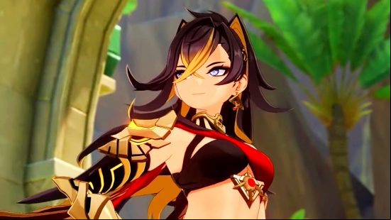 Genshin Impact Dehya - a lady in red and black wraps with gold-tipped hair and wolf ears