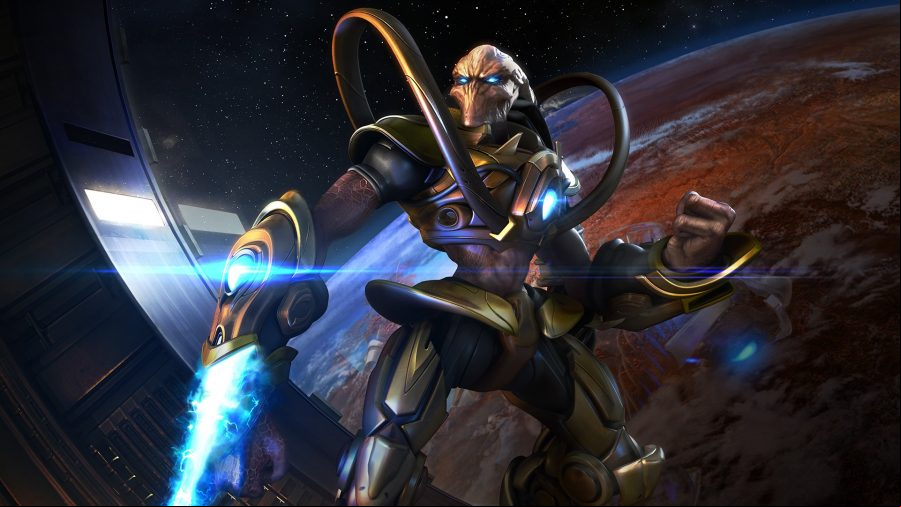 StarCraft: Remastered free with Prime Gaming: A Protoss Zealot clenches their fist, a gas-covered planet can be seen in the background through a window on an orbiting starship