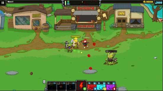 Best tower defense games Bardbarian: Allies surround a bard outside a butcher shop, defending him from foes