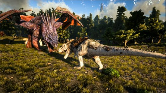 Best dragon games: Ark: Survival Evolved. Image shows a dragon and a T-rex near each other.