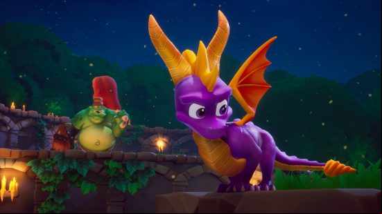 Best platform games: The fiery Spyro perched on a rock as a disgruntled gnorc looks on in a level of the Spyro Reignited Trilogy.