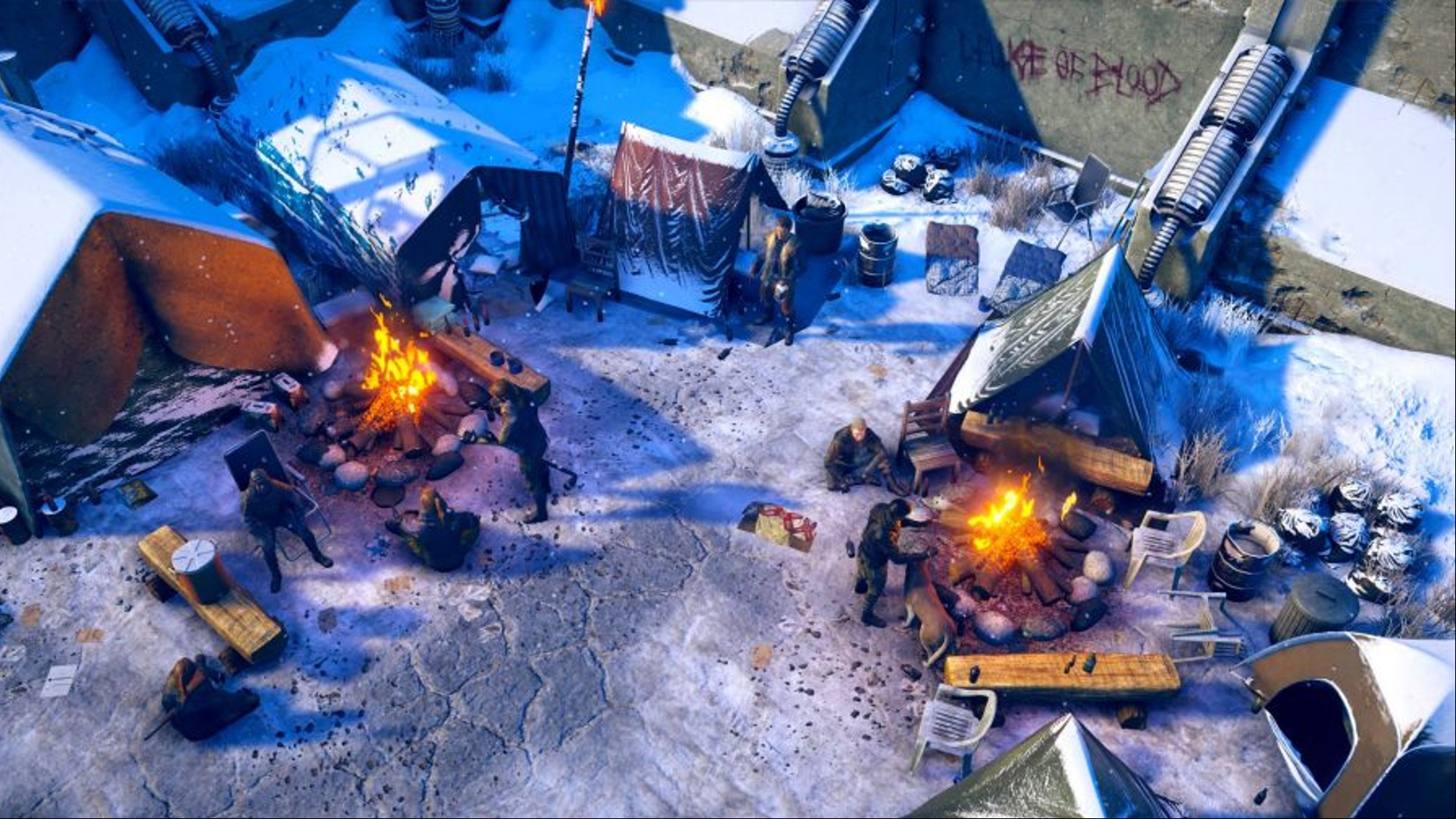 Best RPG games: Wasteland 3. Image shows a run down camp in a snowy locale.