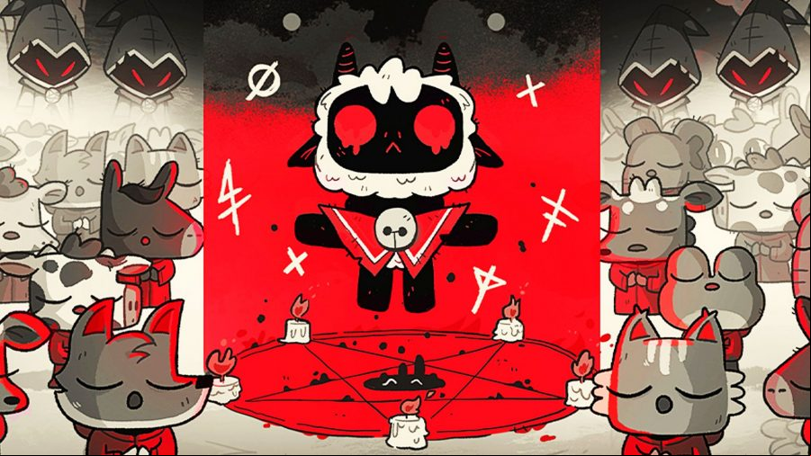 Cult of the Lamb: The eponymous lamb in the centre of a summoning circle complete with pentagram and candles, surrounded by cult followers dressed in red robes