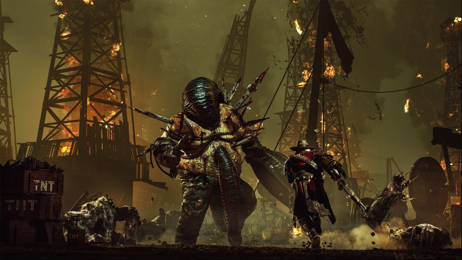 The main character from Evil West approaching a giant demonic creature with leeches attached to it