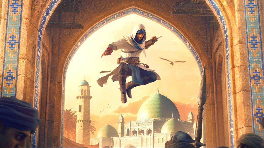Basim jumps towards camera and reveals his hidden blade