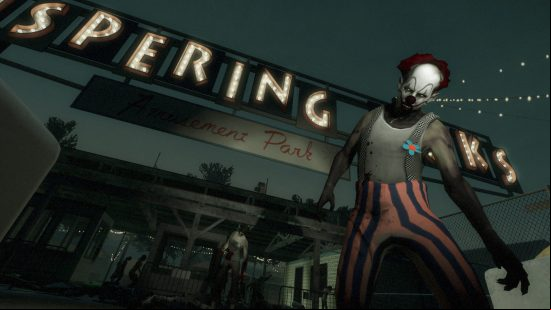 Best zombie games: a clown zombie outside the Whispering Parks amusement park in Left 4 Dead 2. He is wearing stripy tros being held up by suspenders with a blue flower on them. He also has clown makeup and a red nose, despite being a zombie.