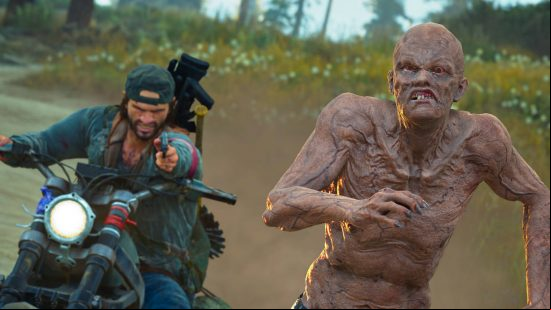 Best zombie games: Deacon St. John is chasing a zombie while riding on his motorcycle. His gun is pointed at them.
