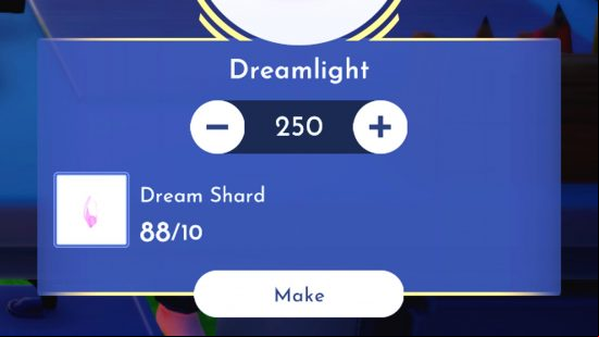 Disney Dreamlight Valley Dream Shard crafting recipe: The crafting menu shows 88 of the 100 Dream Shards needed to make 250 Dreamlight