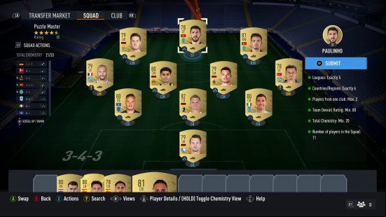 FIFA 23 Puzzle Master SBC Solution: a lineup of football player cards on a 2D backdrop of a football pitch