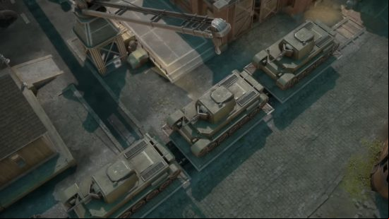 Foxhole Inferno Update: Green-painted tanks are placed on flatbed rail cars in Foxhole