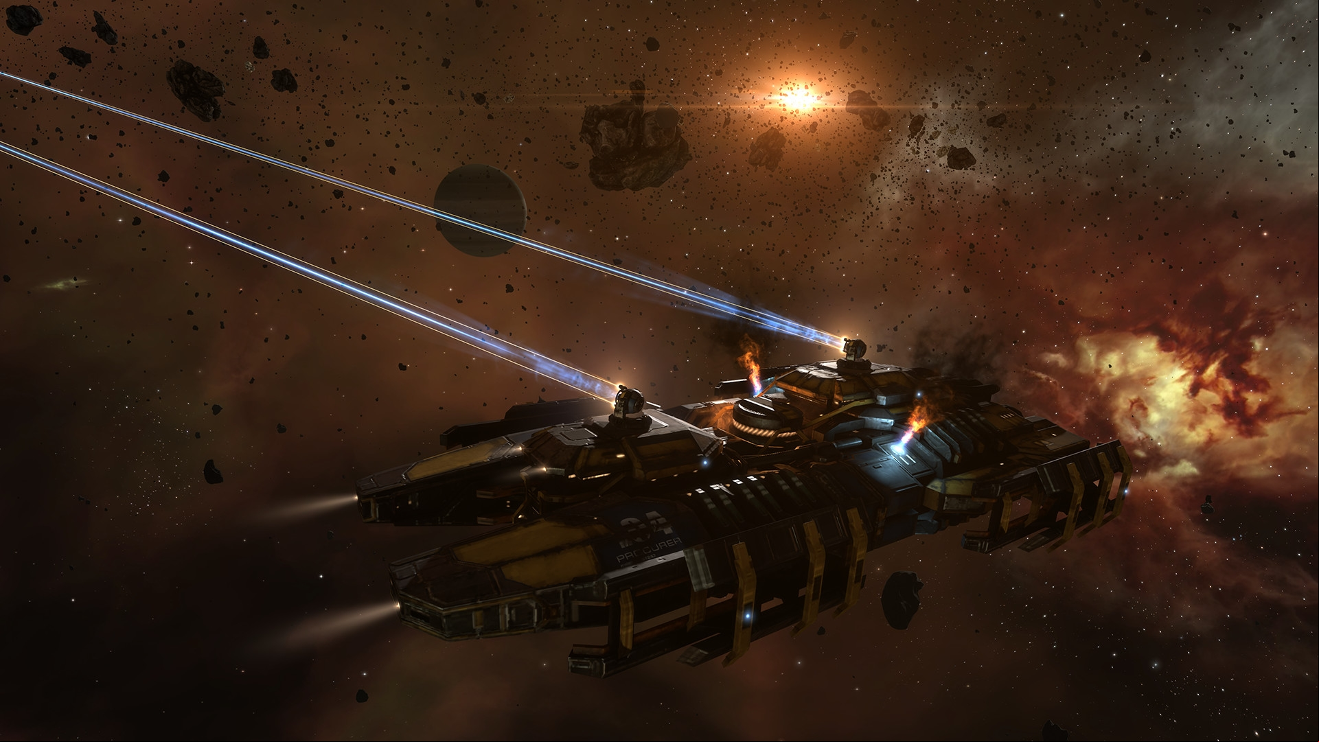 Best free MMOs: EVE Online. Image shows a spaceship firing a laser in space.