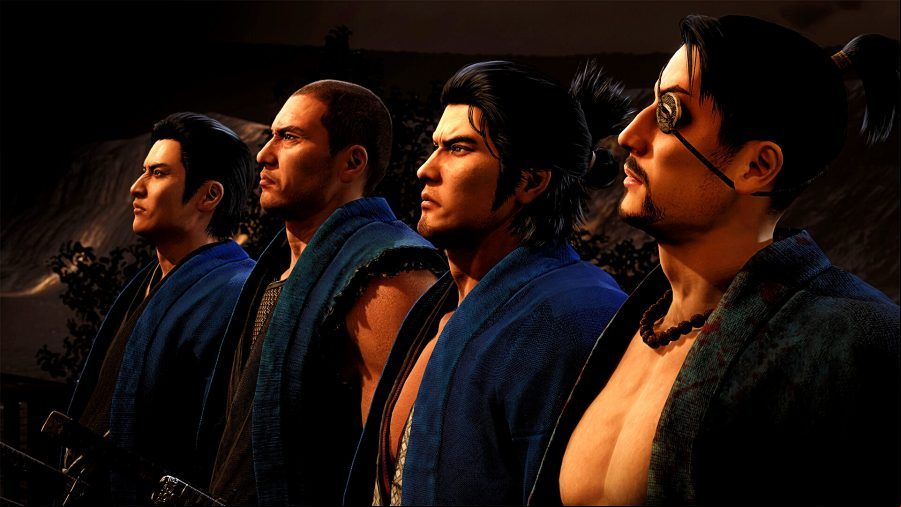 Like a Dragon: Ishin - four men in blue robes sit side-by-side