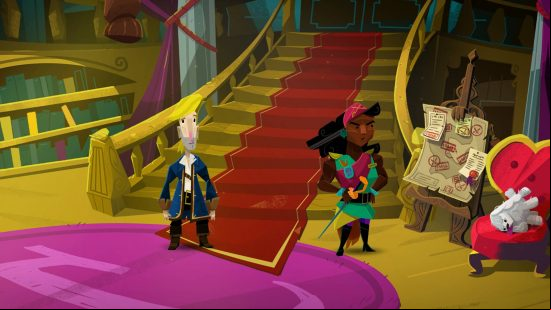 Return to Monkey Island difficulty mode: Guybrush is standing by some stairs while Governor Carla looks at a board with notes all over it. A toy poodle flops disappointingly across a red chair. 