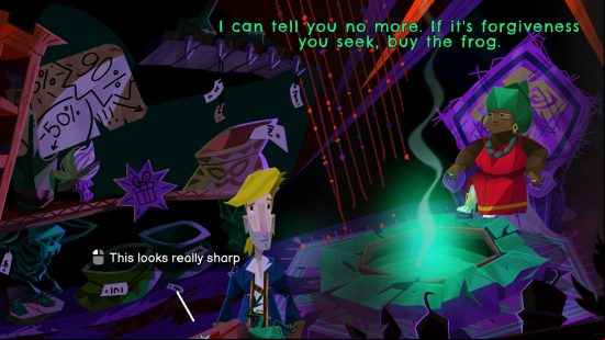 Return to Monkey Island mop: Guybrush talking with a merchant selling a forgiveness frog