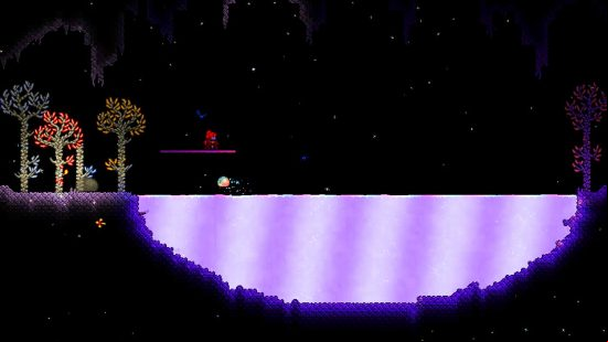 Terraria 1.4.4 Aether mini-biome - a dark cavern with a background full of stars, dominated by a large lake of purple liquid called 'Shimmer'