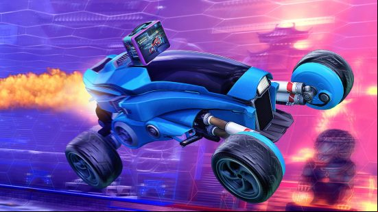 Best multiplayer games - a Hot Wheels-style Rocket League car blasting through the air with a Hot Wheels lunchbox on top of it.