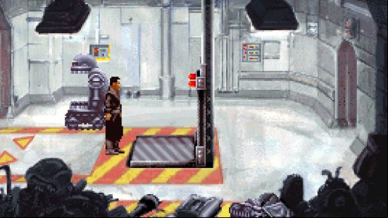 Free GOG games - Robert Foster is standing in front of an elevator, while a robot cleans behind him.