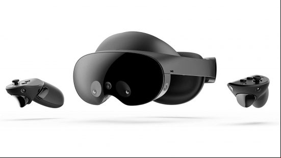 The Meta Quest Pro headset with controllers against a white background