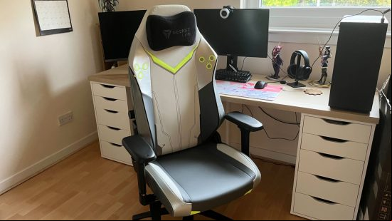 The front of the Secretlab Overwatch 2 Genji gaming chair is mainly white with lime green and black accents