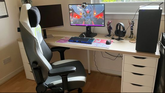 The side of the Secretlab Overwatch 2 Genji gaming chair features textured leatherette