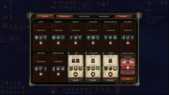 Against the Storm - a menu screen showing 'Orders' - bounties that must be fulfilled to earn rewards and points towards victory