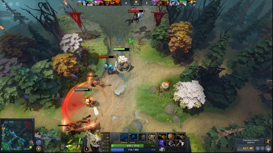 Free Steam games: Dota 2. Image shows Juggernaut unleashing his ultimate ability on surrounding enemies in a green woodland area.