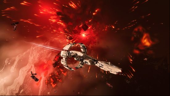 Free Steam games: EVE Online. Image shows an epic space battle unfolding in a black and red sky.