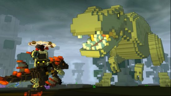 Best free Steam games: Trove. Image shows a large green dinosaur made up of blocks and a person trying to hunt it.