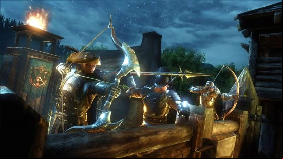 Best MMOs: A row of archers defends a settlement from invaders in New World, a colonial MMORPG set in the 1600s.