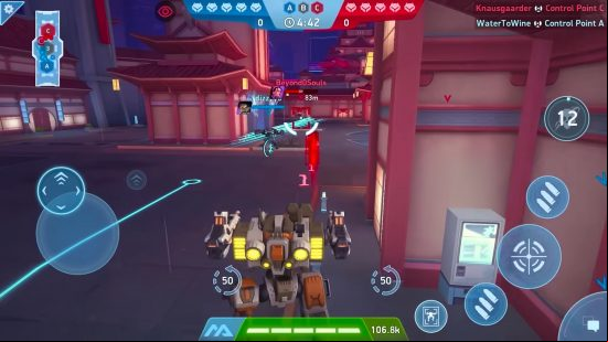 Best multiplayer games: Mech Arena. Image shows a mech in a city-esque area doing battle with other mechs.