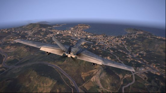 A large, grey plane flies high above grassy land in Arma 3, one of the best flying and plane games.