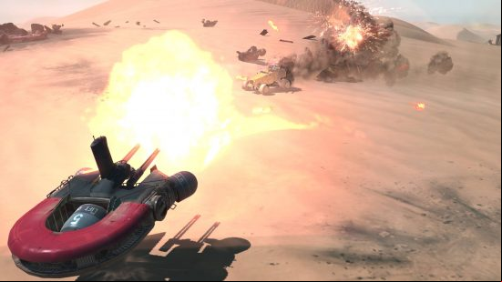 Best RTS games - a turret defending against oncoming vehicles in Homeworld: Deserts of Kharak.
