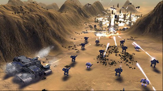 Best RTS games - Mechs and tanks are doing battle in a desert valley in Supreme Commander.