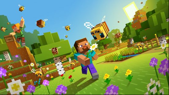 Best sandbox games - Minecraft: Steve chases a bee with a flower in a colourful Minecraft render