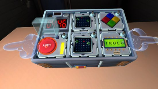 Best VR games - The bomb in Keep Talking and Nobody Explodes. The person controlling the bomb looks like they're about to press the Abort button.