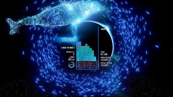 Best VR games - shoals of fish surround a Tetris board in Tetris Effect