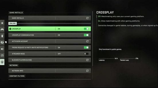 Call of Duty Modern Warfare 2 crossplay and cross-platform progression: The Network and s menu in Modern Warfare 2 beta, showing crossplay options