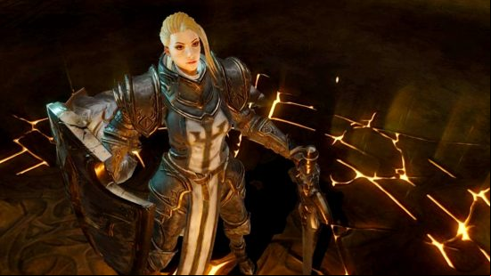 Diablo Immortal tier list: the Crusader wielding a sword and shield standing in the middle of a gold circle