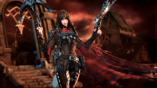 Diablo Immortal tier list: the Demon Hunter wielding a crossbow in each hand in front of a church at night