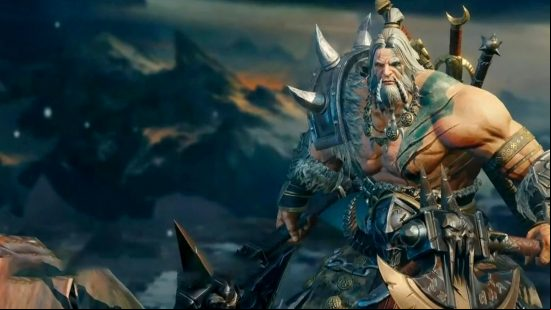 Diablo Immortal tier list: the Barbarian holding a large axe on a snowy mountaintop